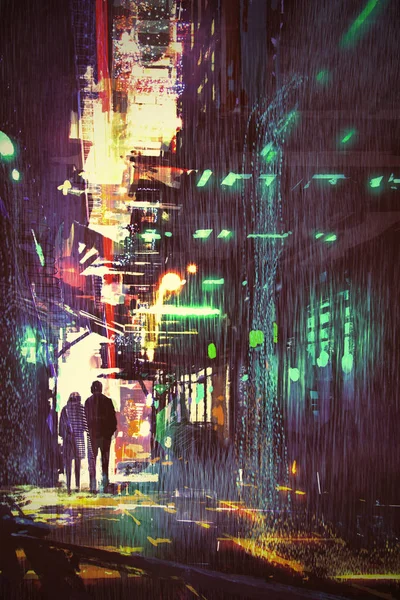 Couple walking in alley at rainy night — Stock Photo, Image