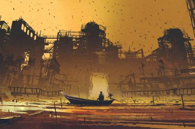 adam terk edilmiş binalar karşı denizinde yüzen bir teknede