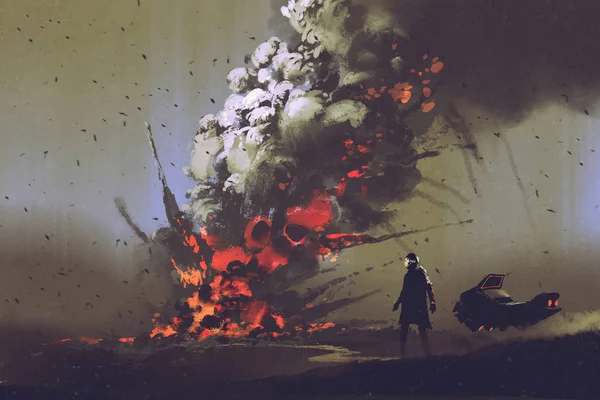 Людина зі своїм транспортним засобом дивиться на вибух бомби на землі — стокове фото