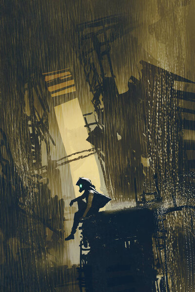Post-apocalypse concept of the survivor sitting on a wrecked building in the ruined city with digital art style, illustration painting