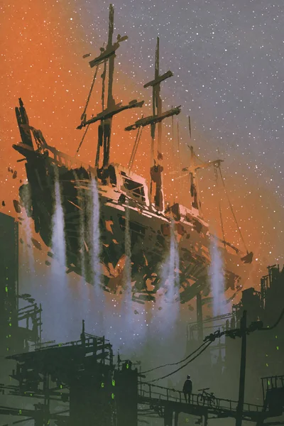 O navio pirata naufragado com cachoeiras flutuando no céu — Fotografia de Stock