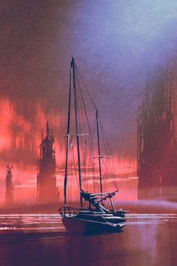 gün batımında sahilde yelkenli tekne