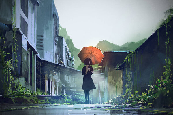 mysterious woman with orange umbrella