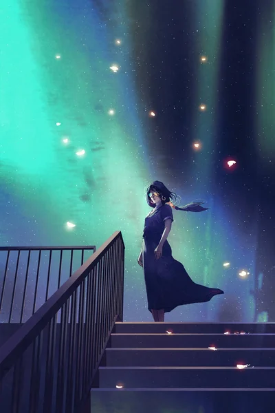 Csillagos ég ellen egy sötét kék ruhás nő — Stock Fotó
