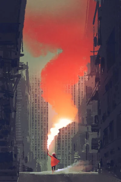 Frau mit roter Rauchfahne auf Straße in verlassener Stadt — Stockfoto