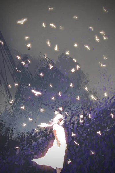 Mujer en vestido blanco de pie entre las aves —  Fotos de Stock