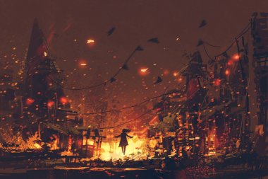 silhouettes of woman on burning village background