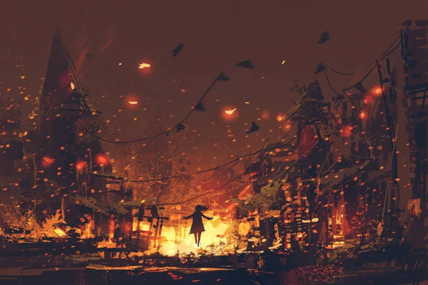 Siluetas de la mujer en el fondo de la aldea en llamas — Foto de Stock