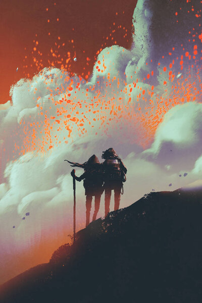 Hikers on mountain looking lava explosions — Stock Photo, Image
