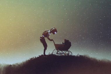 Bebek arabasındaki bebek yıldızlı gökyüzü karşı bakarak robot