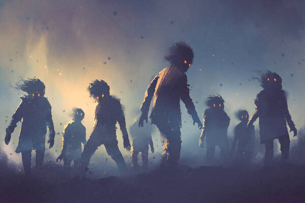 Halloween concept of zombie crowd walking at night