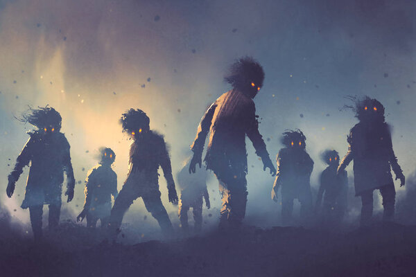 Halloween concept of zombie crowd walking at night