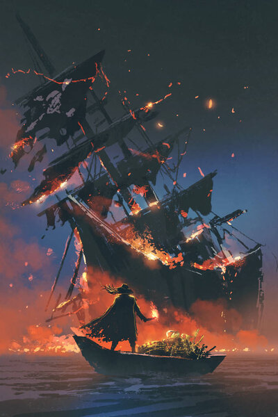 пират на лодке с сокровищами глядя на тонущий корабль
