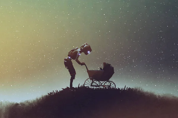 Robot looking at baby in a stroller against starry sky — Stock Photo, Image