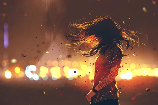 Woman with cracked effect on her body against defocused lights — Stock Photo, Image