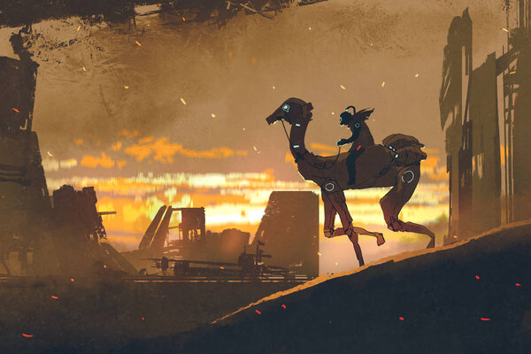 man on futuristic camel running in apocalypse city