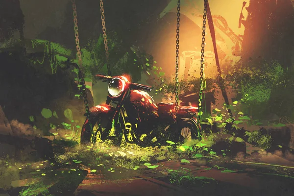 aşırı büyümüş bitki örtüsü içinde terk edilmiş paslı motosiklet