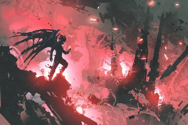 Şehir yanan karşı bina kalıntıları üzerinde kara şeytan duran