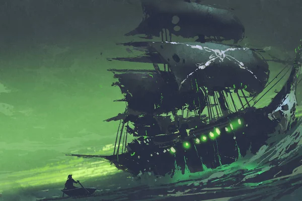 Voando holandês fantasma pirata navio no mar com luz verde misteriosa — Fotografia de Stock