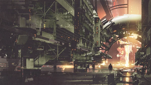 Cyberpunk cidade com edifícios futuristas Imagens Royalty-Free
