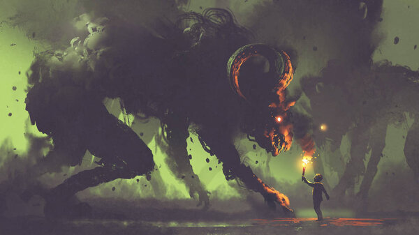 boy with a torch facing smoke monsters