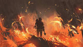 hasič hospodářství dívka stojící v hořících budov