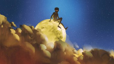 boy sitting on the glowing moon behind clouds in night sky clipart