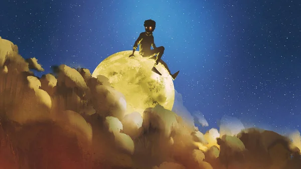 Boy sitting on the glowing moon behind clouds in night sky — Stock Photo, Image