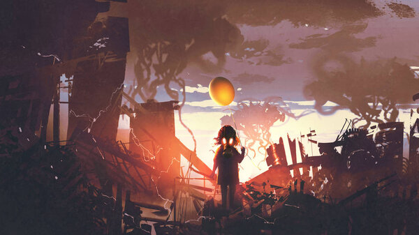 girl with gas mask holding balloon standing in apocalypse cit