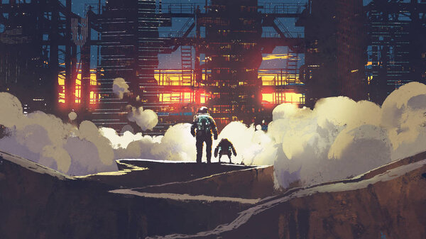 Astronaut and little robot looking at futuristic city at sunset, digital art style, illustration painting