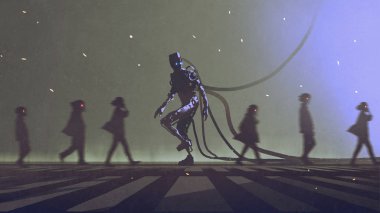 insanlar arasında farklı şekilde yürüyen robot