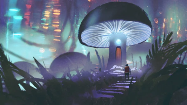 Man walking towards the mushroom house — стоковое фото