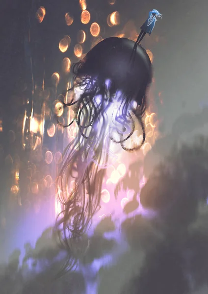 Человек и большая медуза, плавающие в воздухе — стоковое фото