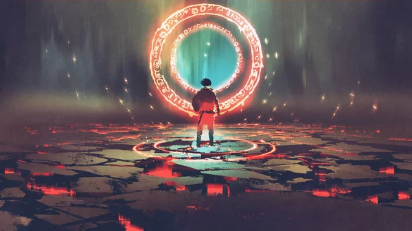 Man standing in front of magic circle — Stock Photo, Image