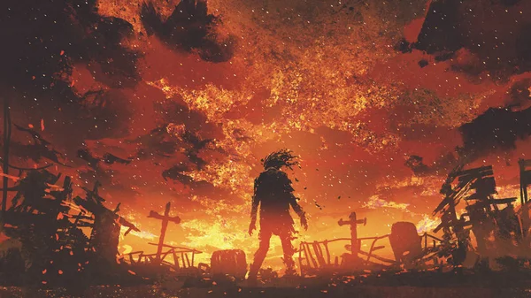 Zombie marche dans le cimetière brûlé — Photo