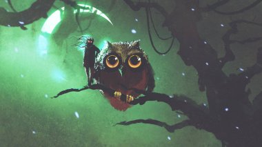 Dev baykuş ve dal gece ormanda ayakta sahibi