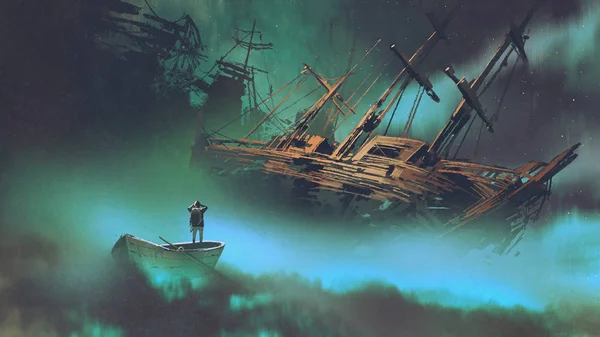 Mann auf einem Boot blickt auf verfallenes Schiff — Stockfoto