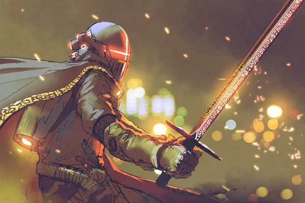 Astro-knight in futuristic armor holding magic sword — Stock Photo, Image