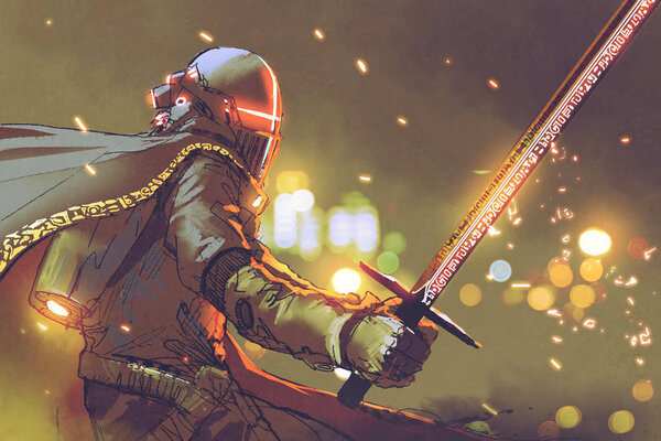 astro-knight in futuristic armor holding magic sword