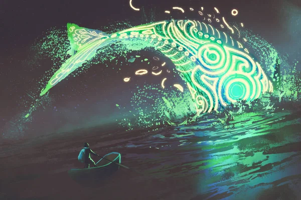 Man on boat looking at the jumping glowing green whale in the sea — Stock Photo, Image