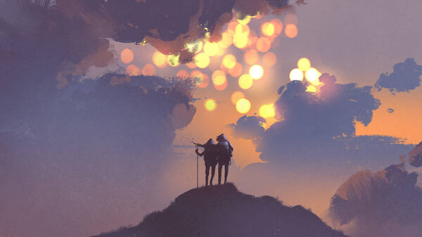 Couple of hikers on top of mountain looking at many suns in the sky, digital art style, illustration painting