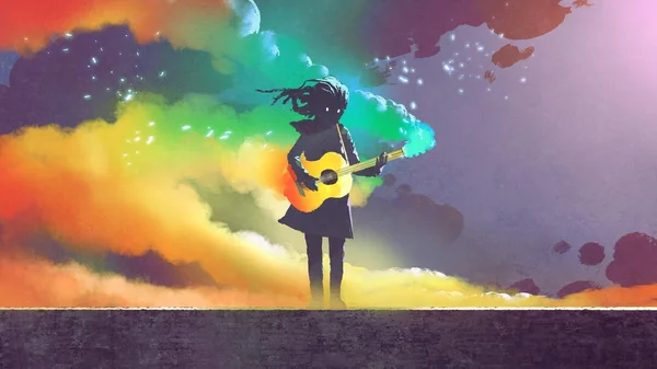 Girl playing the guitar with colorful smoke — Stock Photo, Image