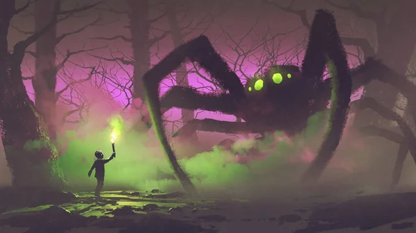 巨大なクモに直面してトーチを持つ少年 — ストック写真