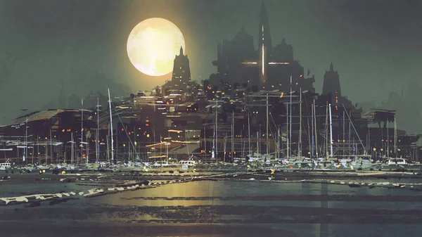 Краєвид портового міста з місячним світлом — стокове фото