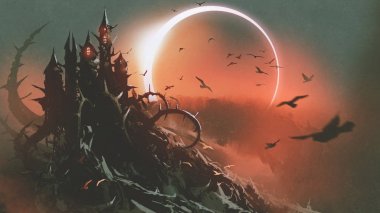 scenery of castle of thorn with solar eclipse in dark red sky, digital art style, illustration painting clipart