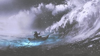 man rowing a magic boat in stormy sea with rogue waves, digital art style, illustration painting clipart