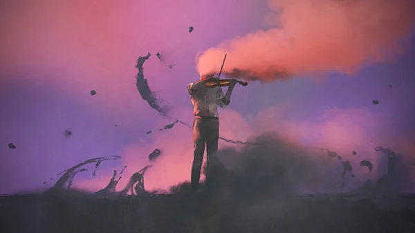 Concepto Surrealista Del Músico Misterioso Con Humo Color Tocando Violín — Foto de Stock