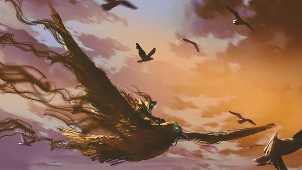 Homme Sur Oiseau Géant Volant Dans Ciel Soir Art Numérique Images De Stock Libres De Droits
