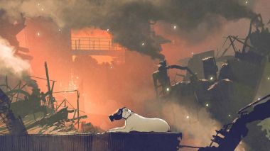 Hava kirliliği, dijital sanat tarzı, resim illüstrasyon ile şehirde oturan gaz maskesi giyen köpek