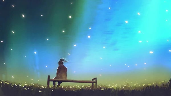 Young Woman Sitting Bench Beautiful Sky Digital Art Style Illustration — Stock Photo, Image